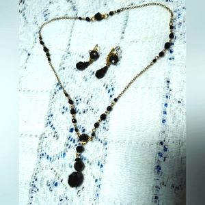 Victorian Revival Designer Signed Black Glass Bead Necklace Earrings Set